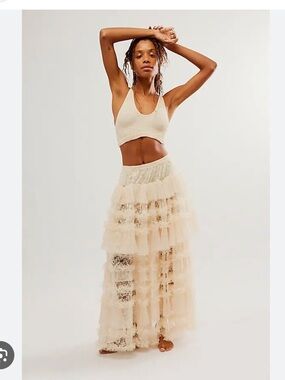 FREE PEOPLE Turn It Up Half Slip Tulle Tiered Ruffles Lace Maxi Skirt XS